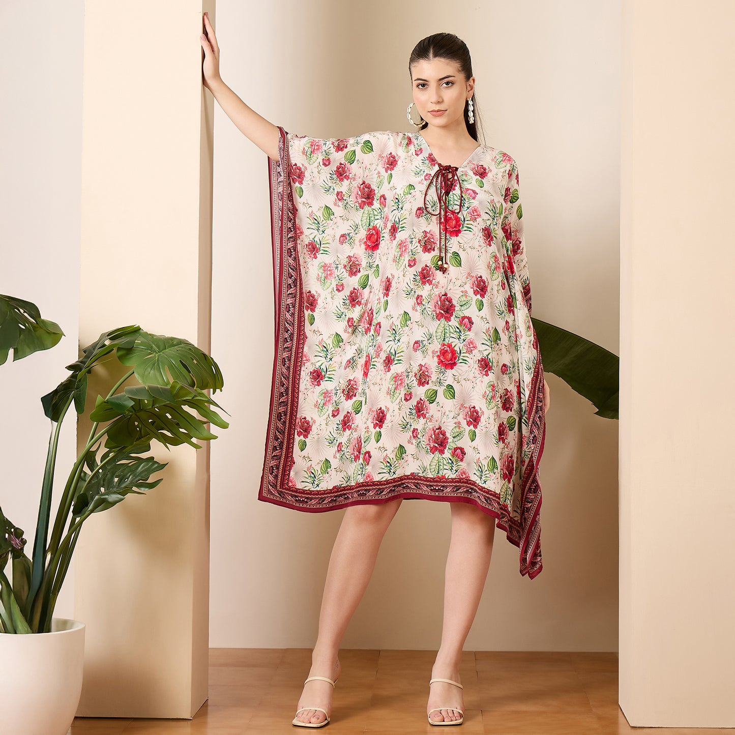 Red Rose Print Tie-up Kaftan Dress