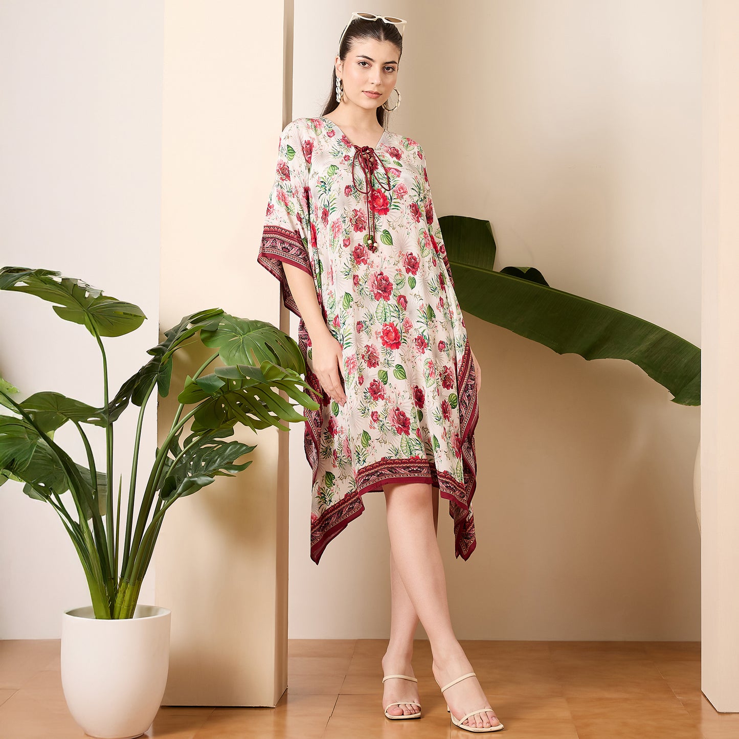 Red Rose Print Tie-up Kaftan Dress