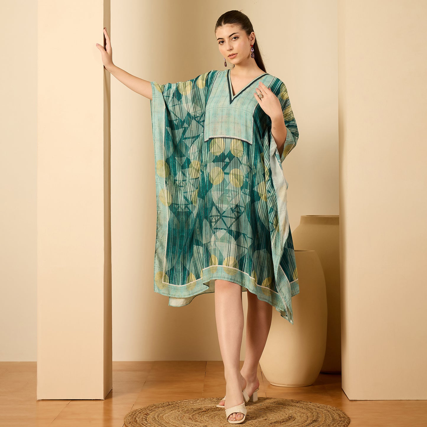 Green Aztec Crystal Yoke Kaftan Dress