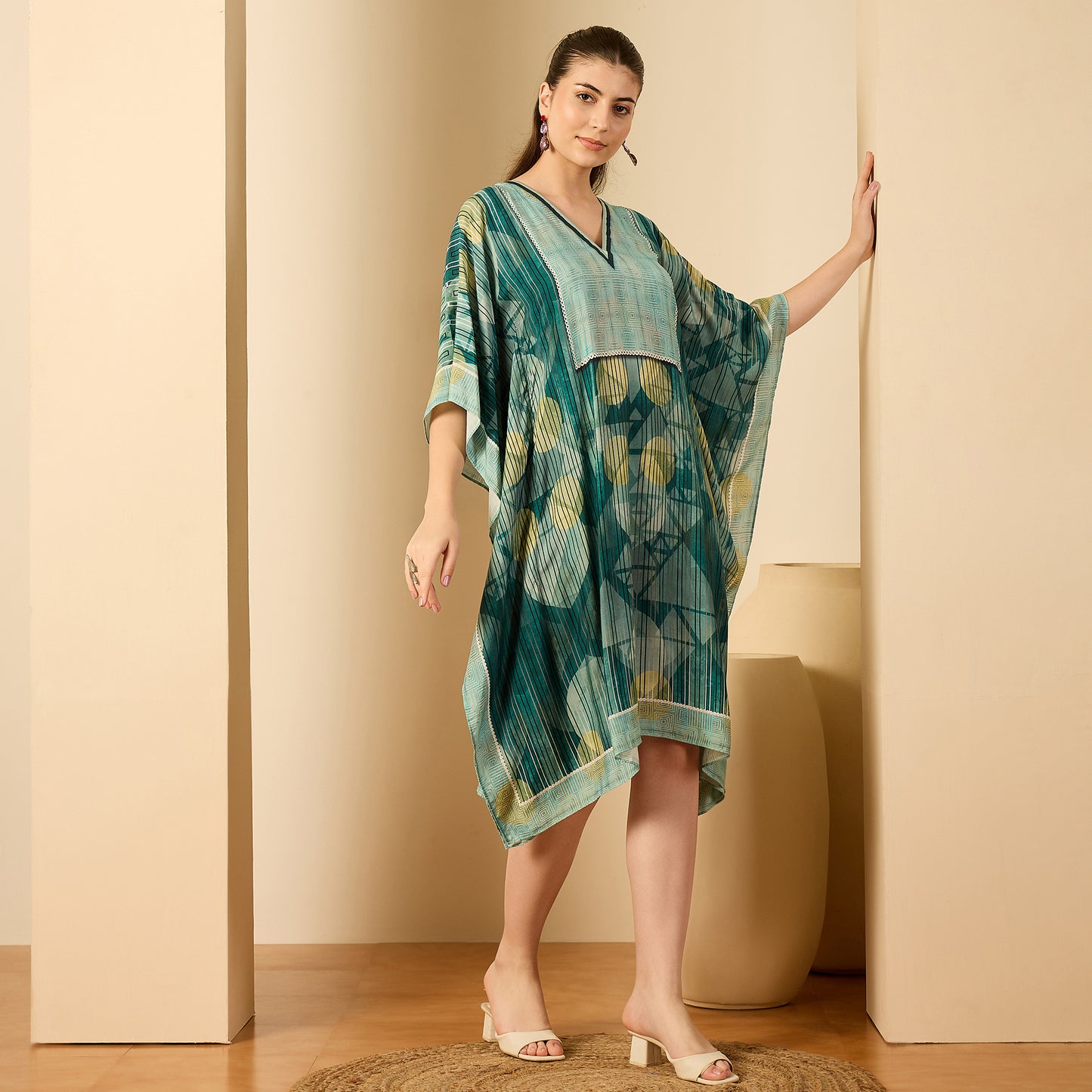 Green Aztec Crystal Yoke Kaftan Dress