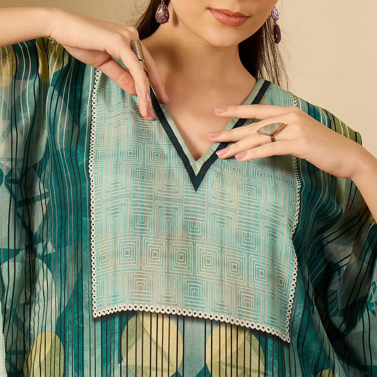 Green Aztec Crystal Yoke Kaftan Dress