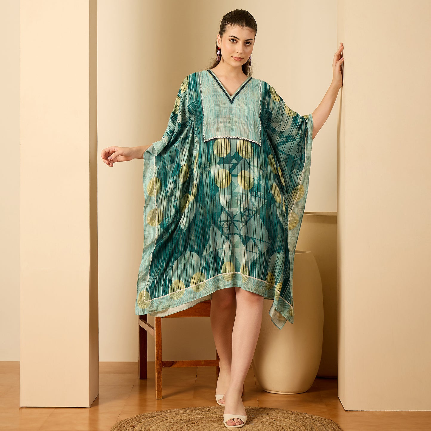 Green Aztec Crystal Yoke Kaftan Dress