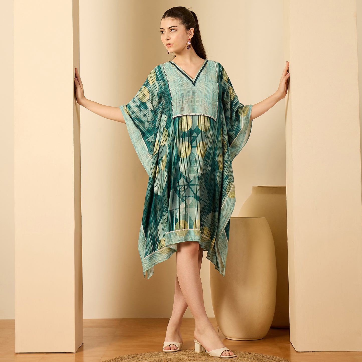 Green Aztec Crystal Yoke Kaftan Dress