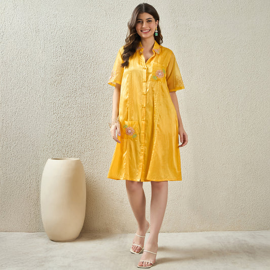 Yellow Hand-Embroidered Pin-Tuck Shirt Dress