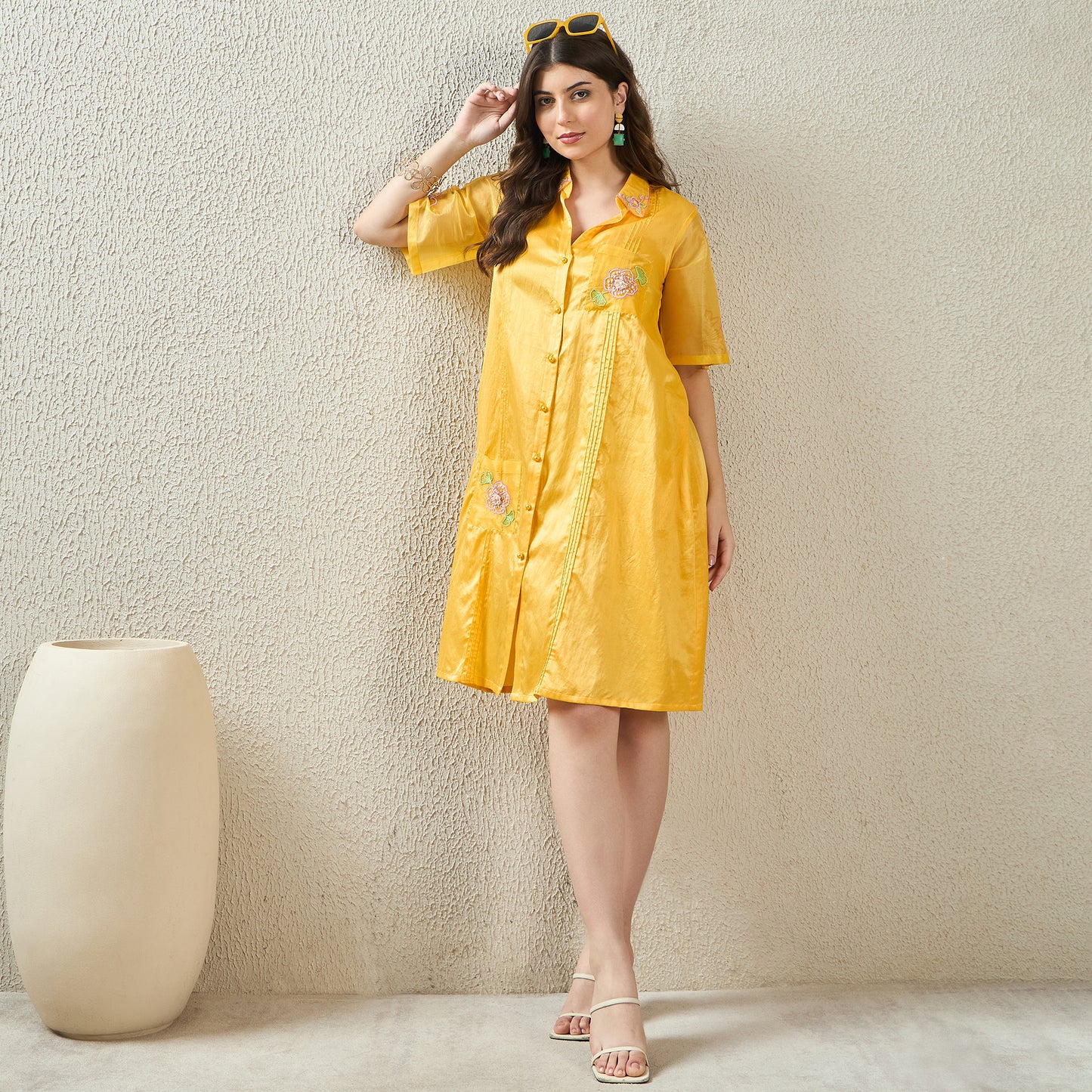 Yellow Hand-Embroidered Pin-Tuck Shirt Dress