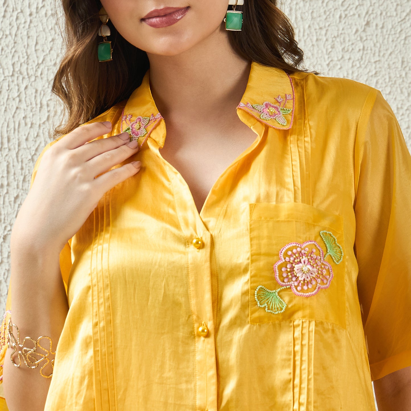 Yellow Hand-Embroidered Pin-Tuck Shirt Dress