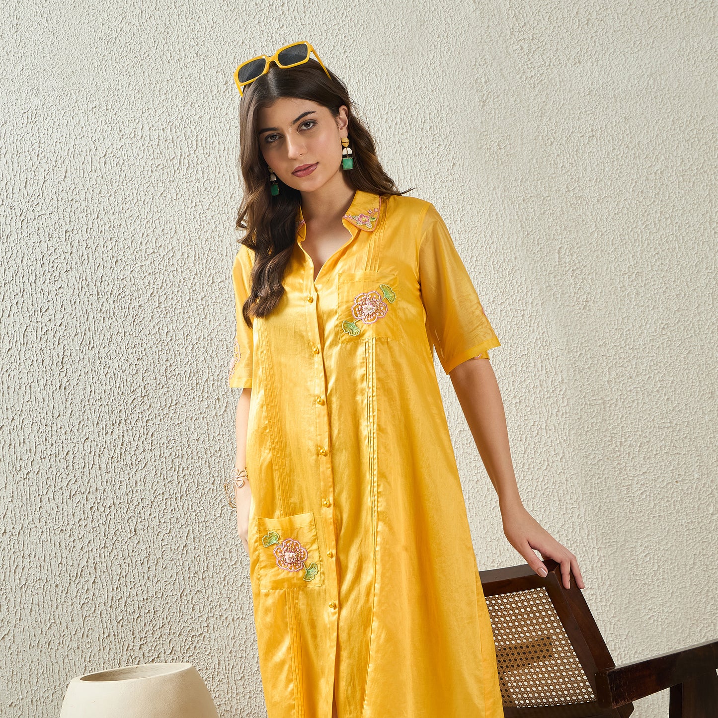 Yellow Hand-Embroidered Pin-Tuck Shirt Dress