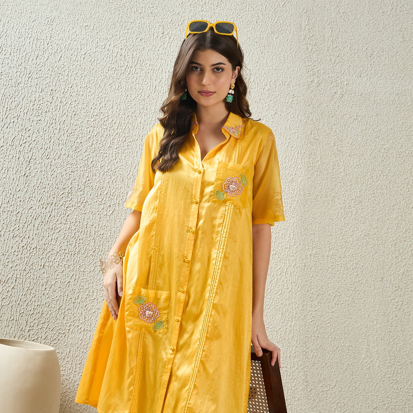Yellow Hand-Embroidered Pin-Tuck Shirt Dress