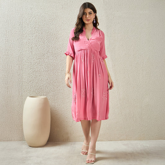 Pink Hand-Embroidered Ruffle Dress