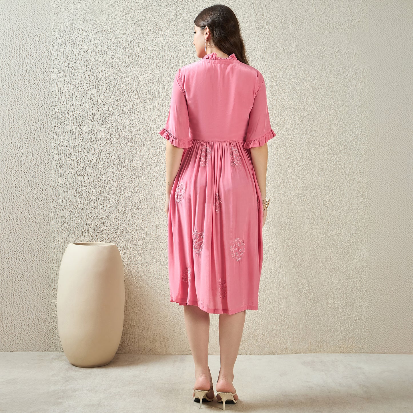 Pink Hand-Embroidered Ruffle Dress
