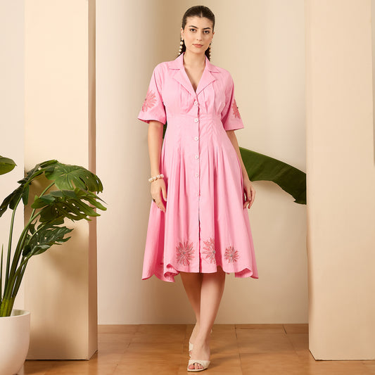 Pink Hand-Embroidered Pleated Dress