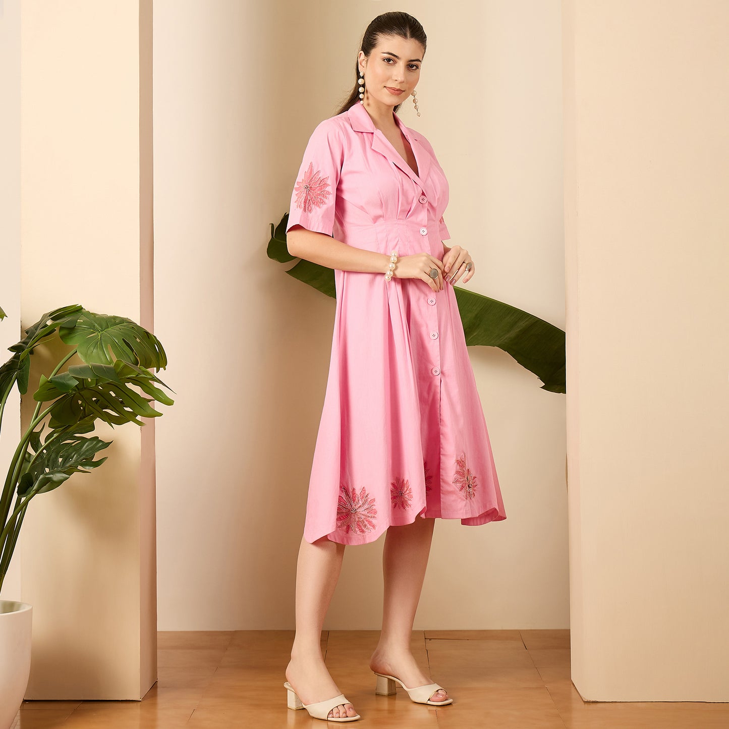 Pink Hand-Embroidered Pleated Dress