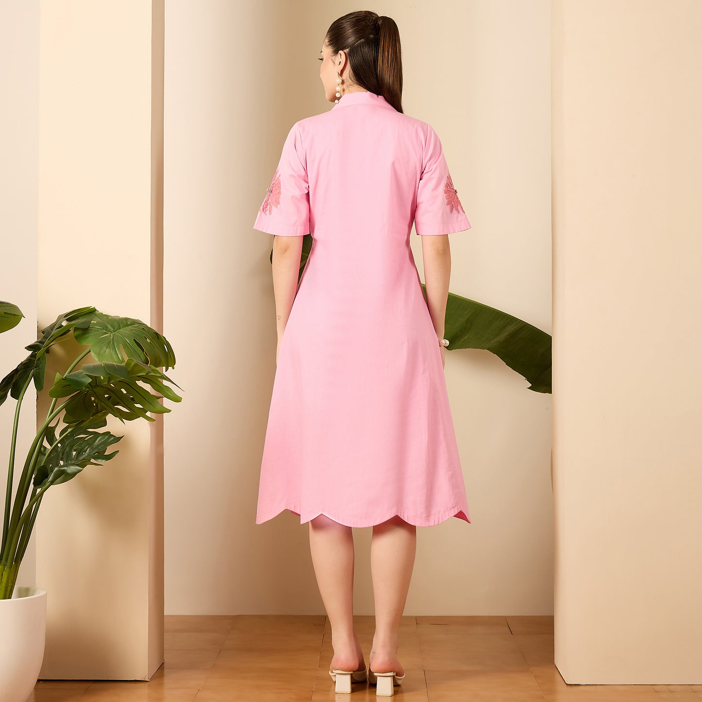 Pink Hand-Embroidered Pleated Dress
