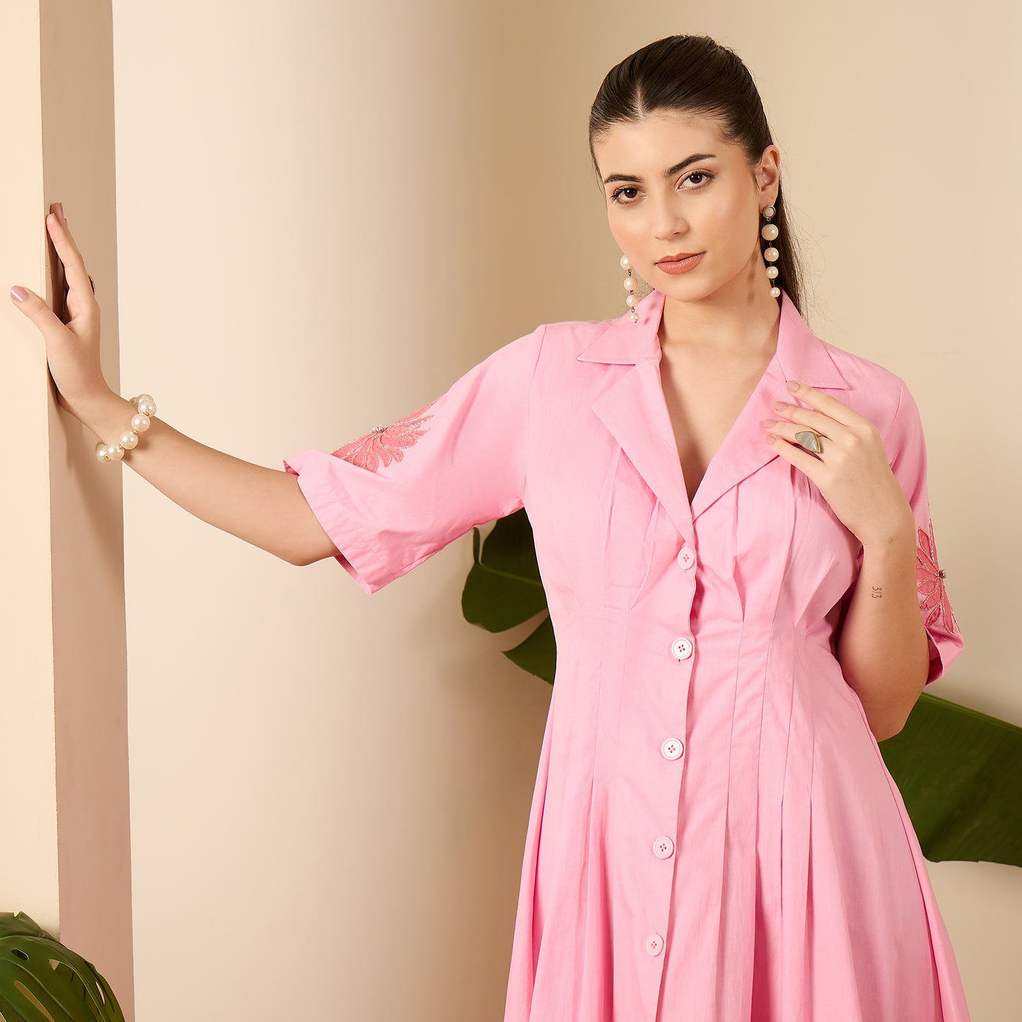 Pink Hand-Embroidered Pleated Dress