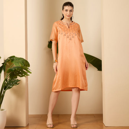 Apricot Hand Embroidered Straight Dress