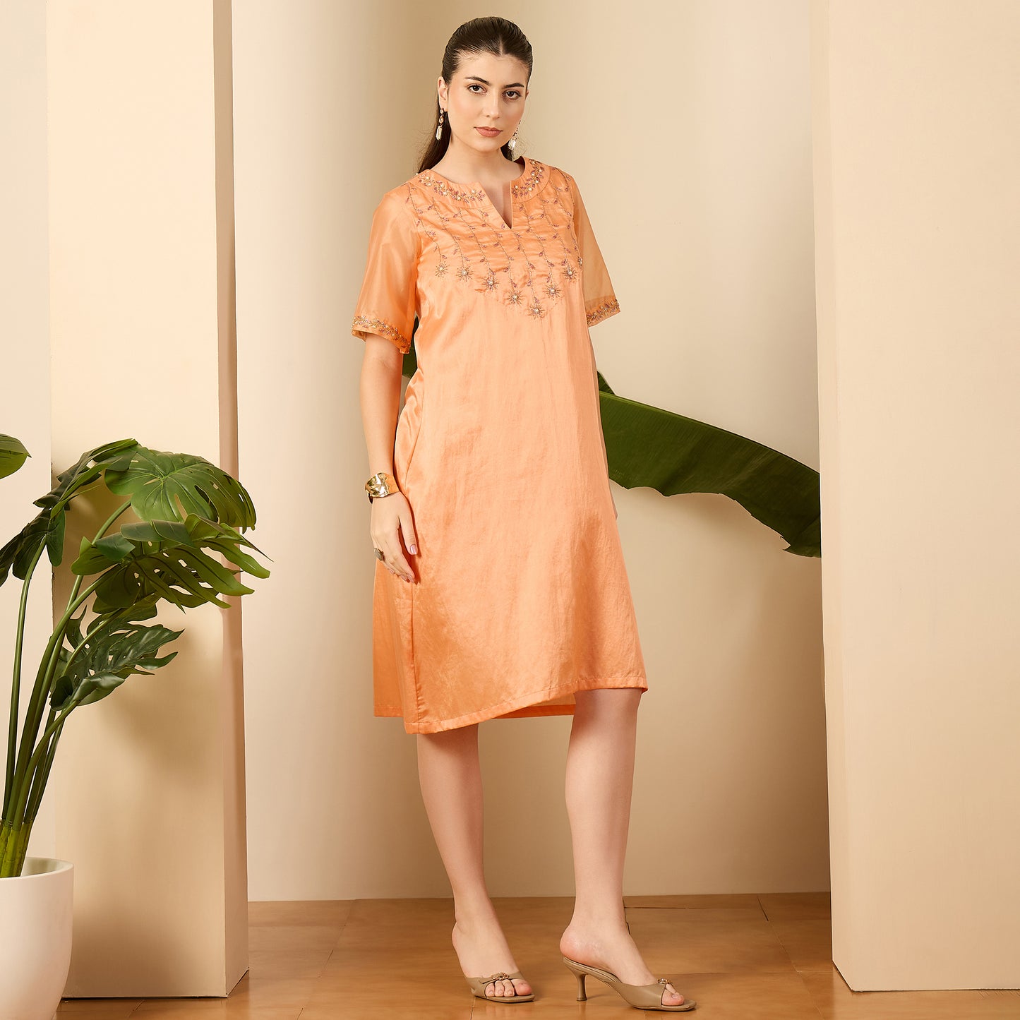 Apricot Hand Embroidered Straight Dress