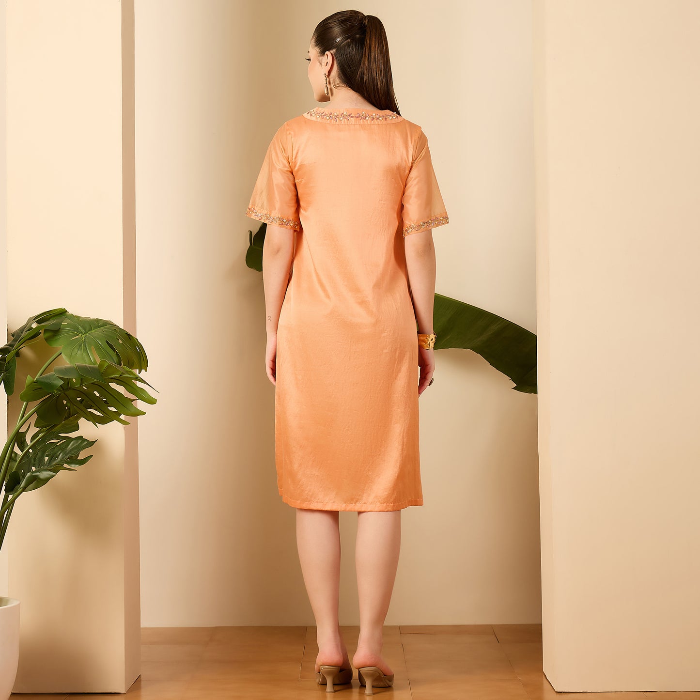 Apricot Hand Embroidered Straight Dress