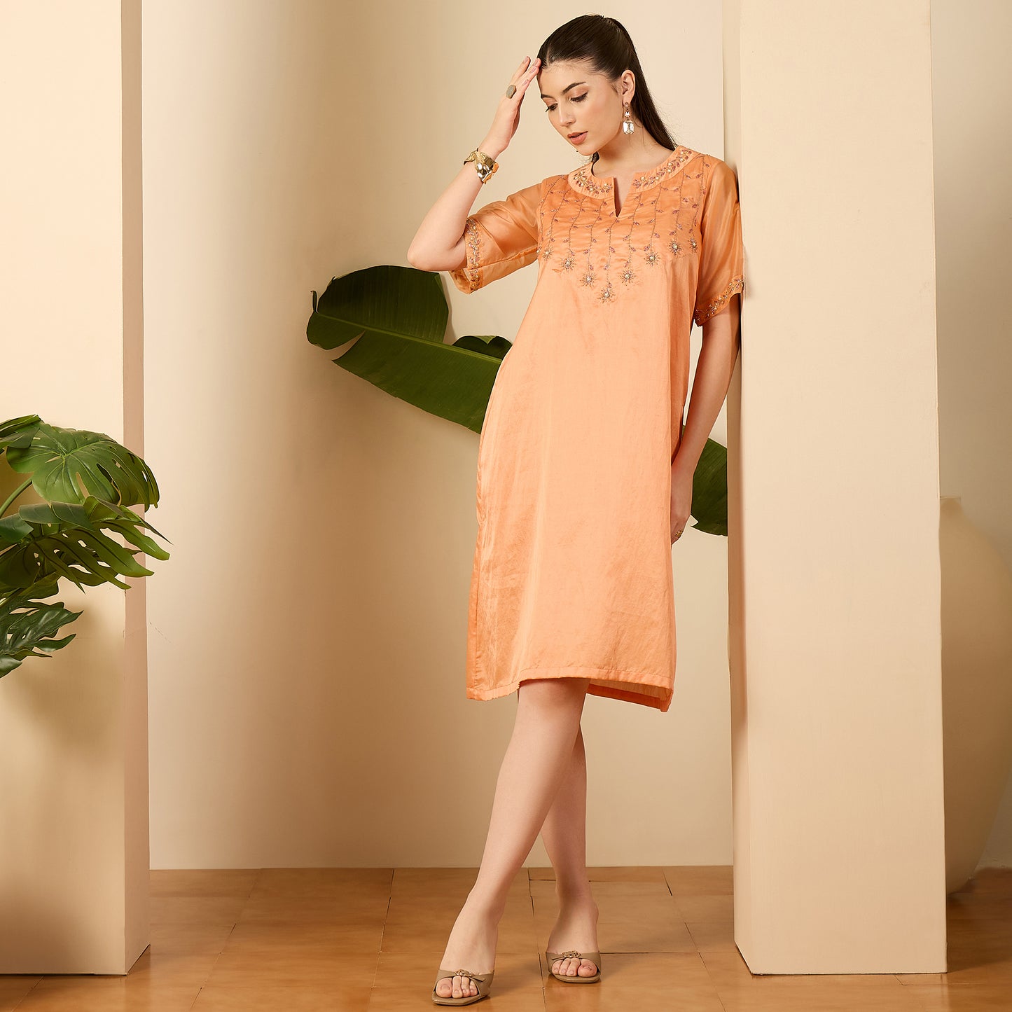Apricot Hand Embroidered Straight Dress