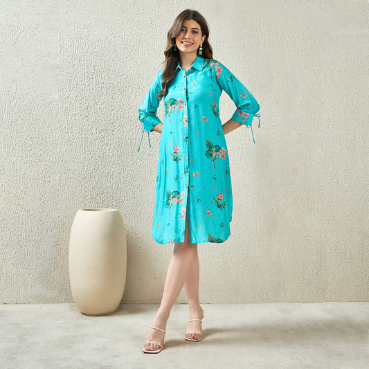 Sky Blue and Pink Floral Shirt Dress