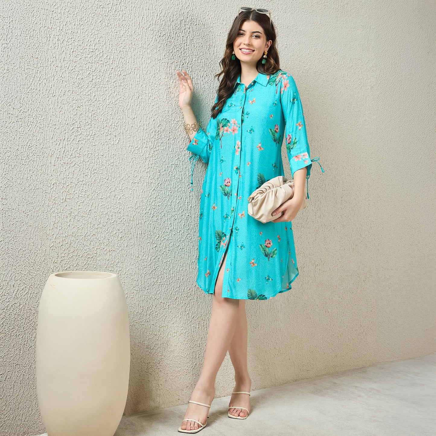 Sky Blue and Pink Floral Shirt Dress