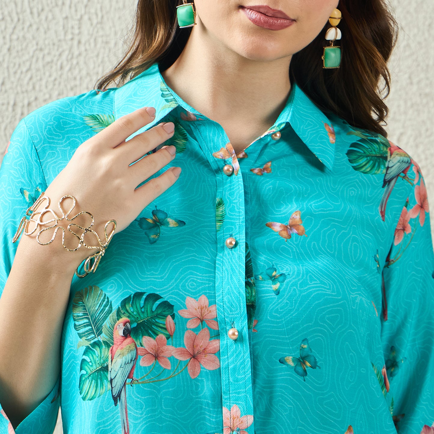 Sky Blue and Pink Floral Shirt Dress
