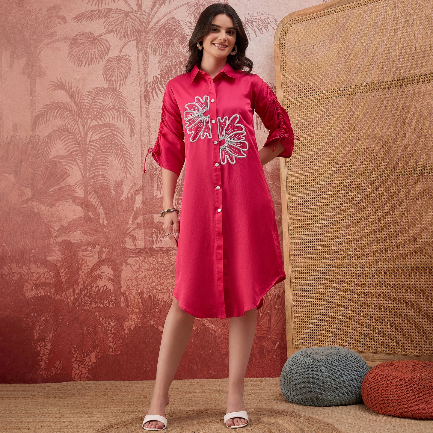 Hot Pink Hand Embroidered Corded Floral Dress