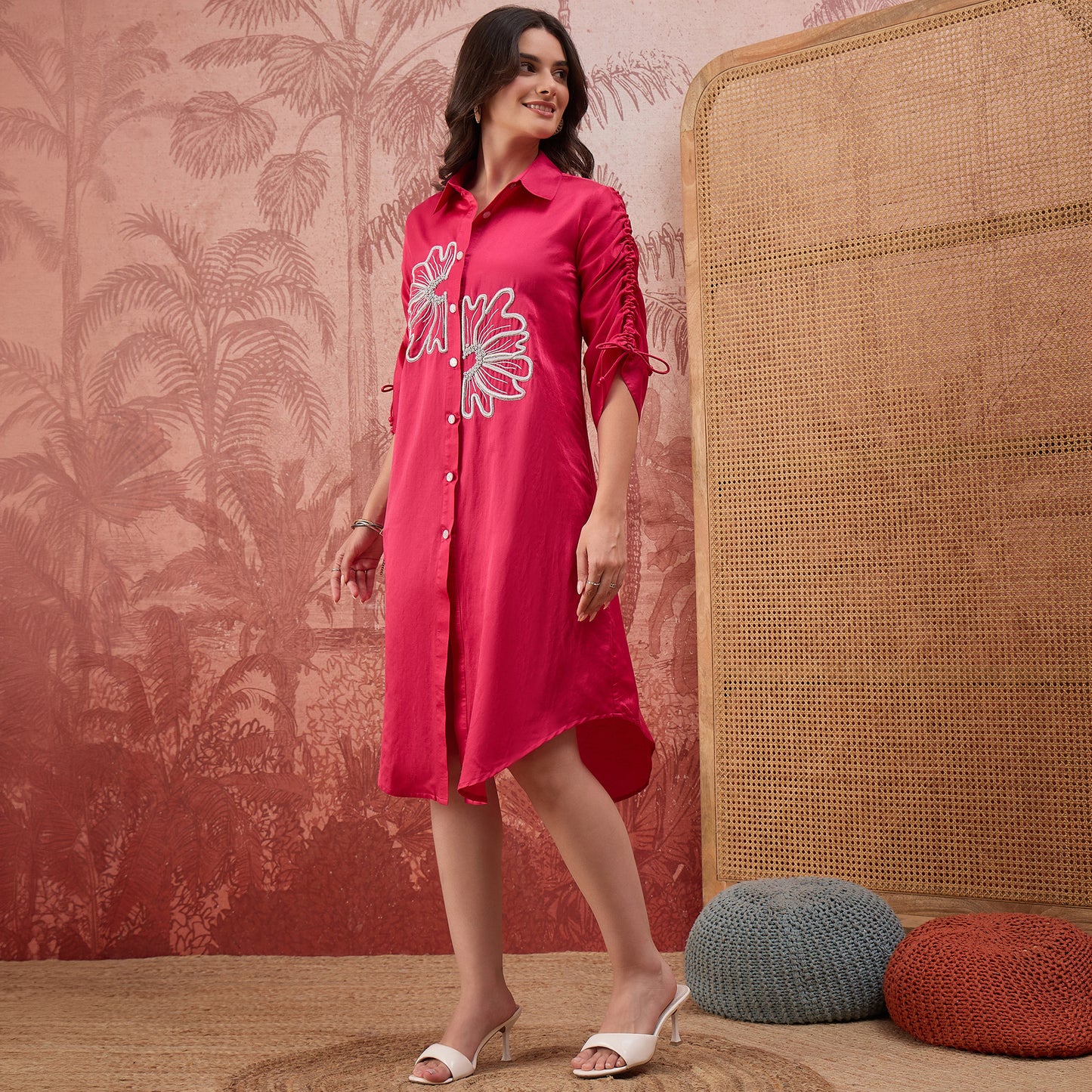 Hot Pink Hand Embroidered Corded Floral Dress