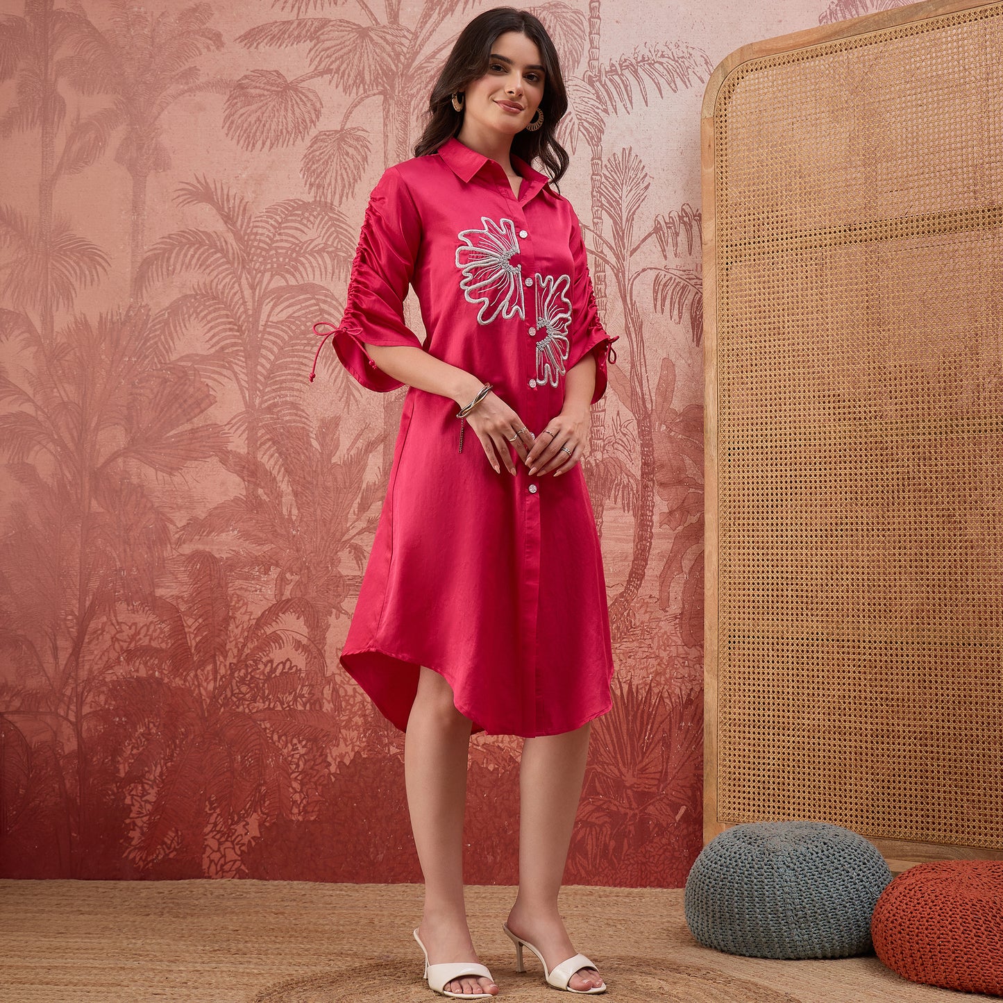 Hot Pink Hand Embroidered Corded Floral Dress