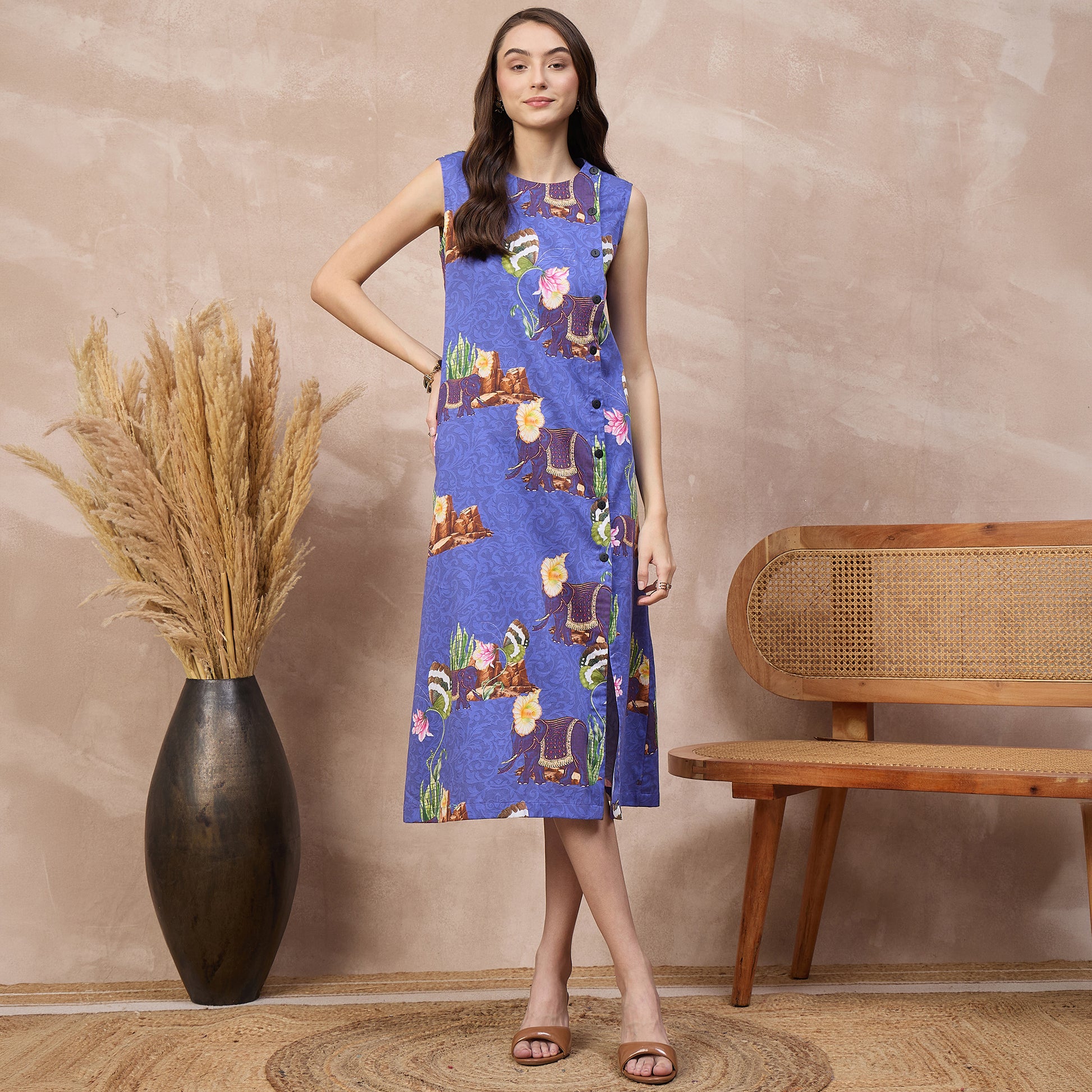 Blue Animal Print Dress for Women – Cotton Satin | First Resort by Ramola Bachchan