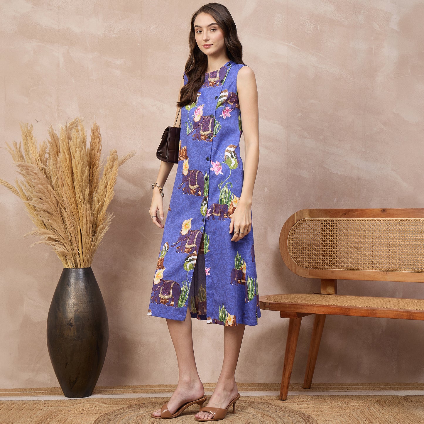 Blue Animal Print Dress for Women – Cotton Satin – Front View | First Resort by Ramola Bachchan