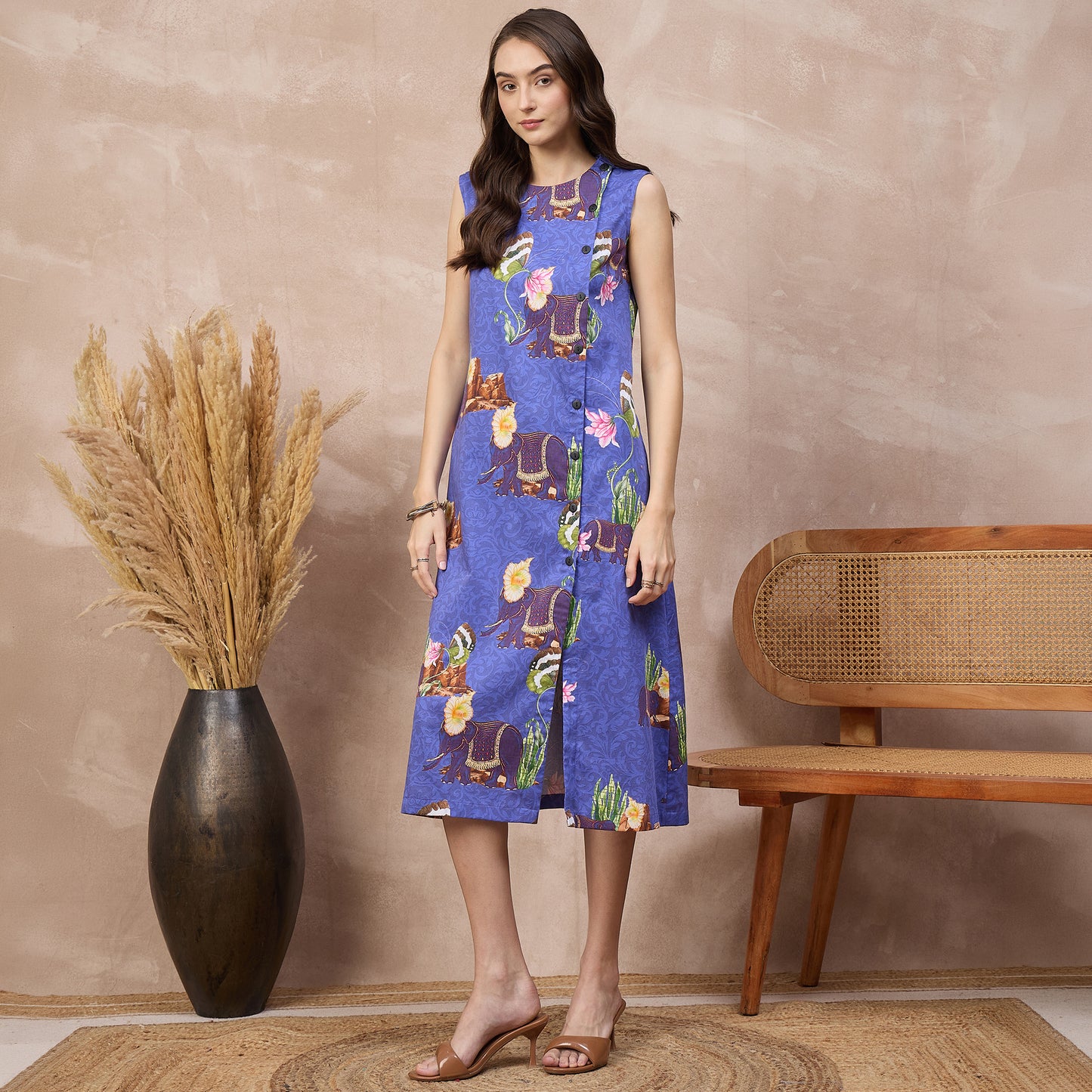 Blue Animal Print Dress for Women – Cotton Satin – Model View | First Resort by Ramola Bachchan