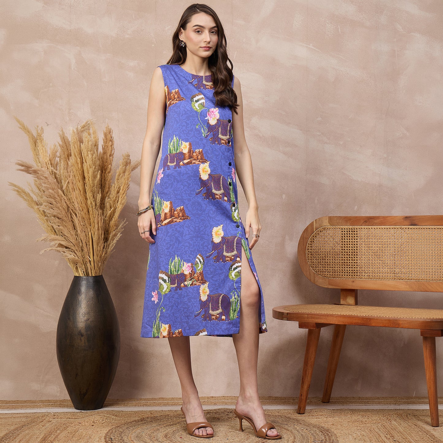 Blue Animal Print Dress for Women – Cotton Satin – Side View | First Resort by Ramola Bachchan