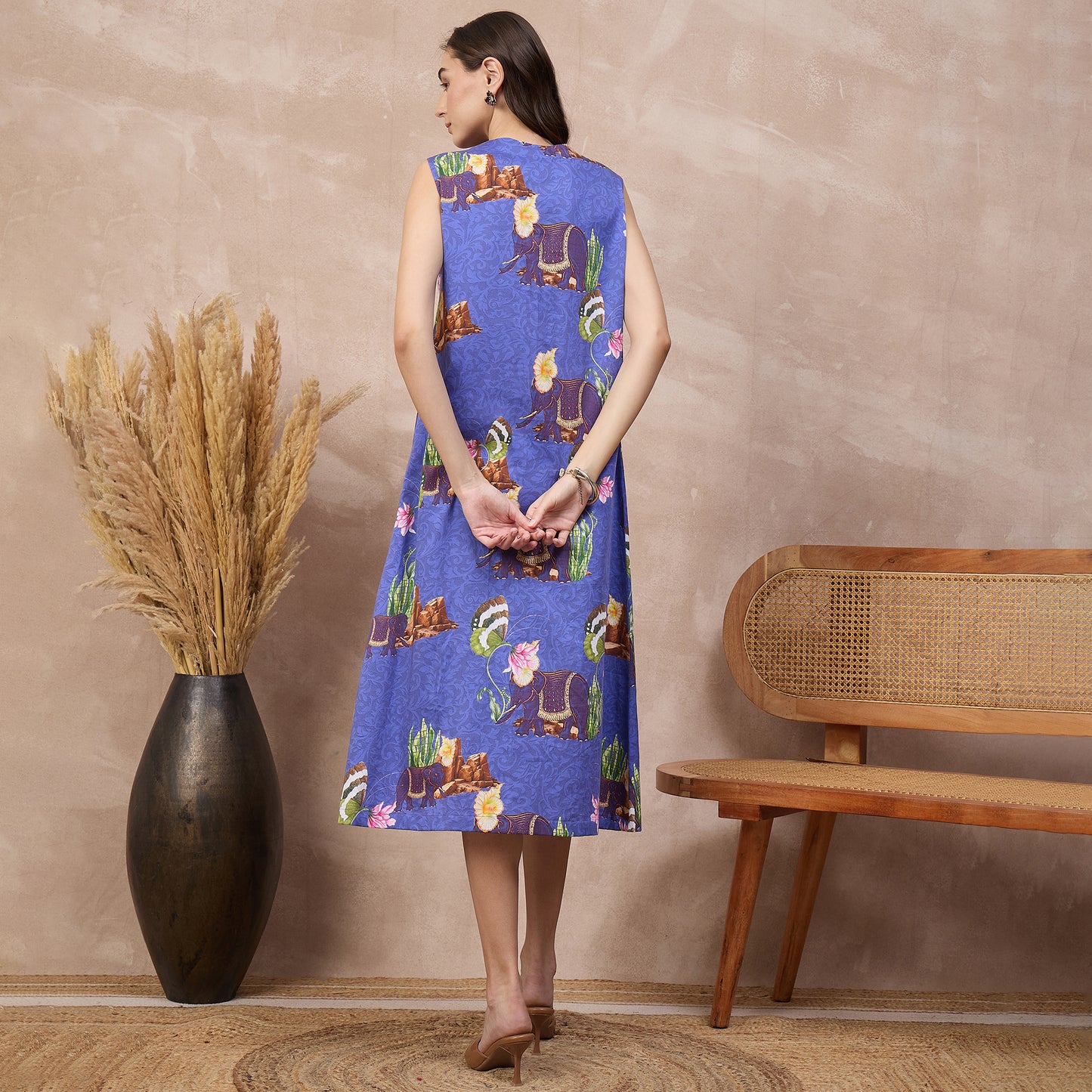 Blue Animal Print Dress for Women – Cotton Satin – Detail View | First Resort by Ramola Bachchan