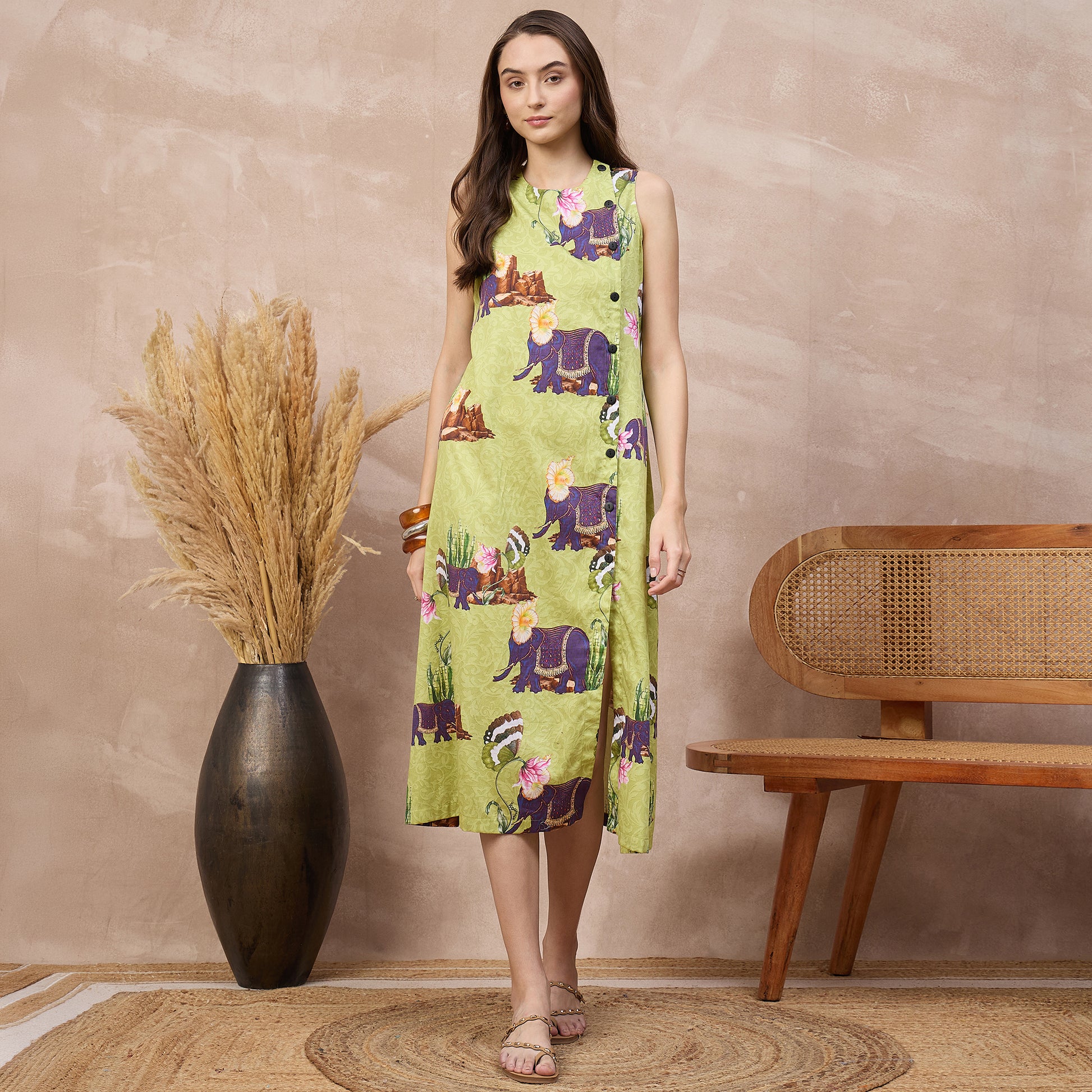 Lime Green Animal Print Dress for Women – Cotton Satin | First Resort by Ramola Bachchan