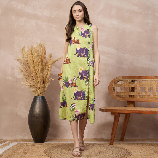 Lime Green Animal Print Dress for Women – Cotton Satin | First Resort by Ramola Bachchan