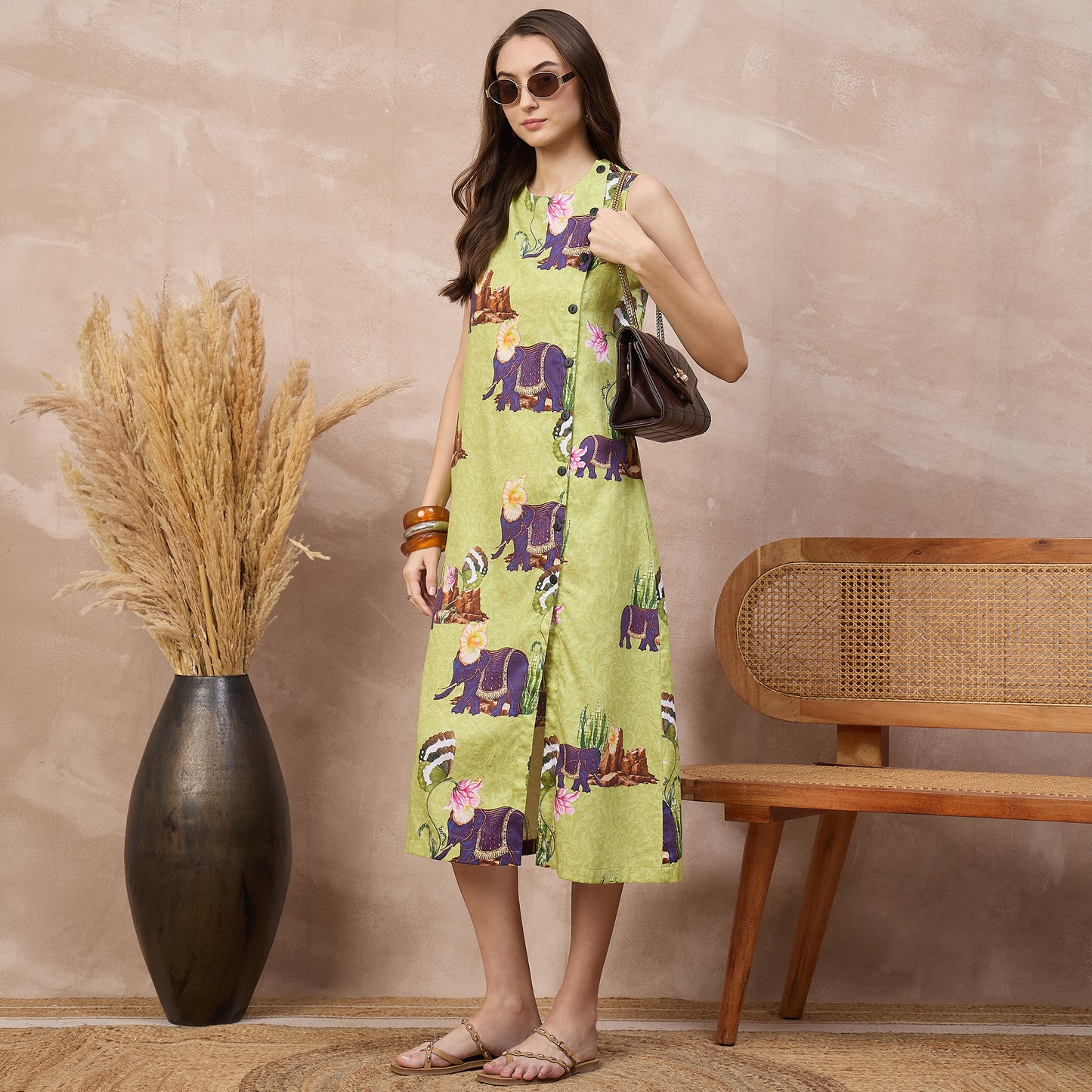 Lime Green Animal Print Dress for Women – Cotton Satin – Front View | First Resort by Ramola Bachchan