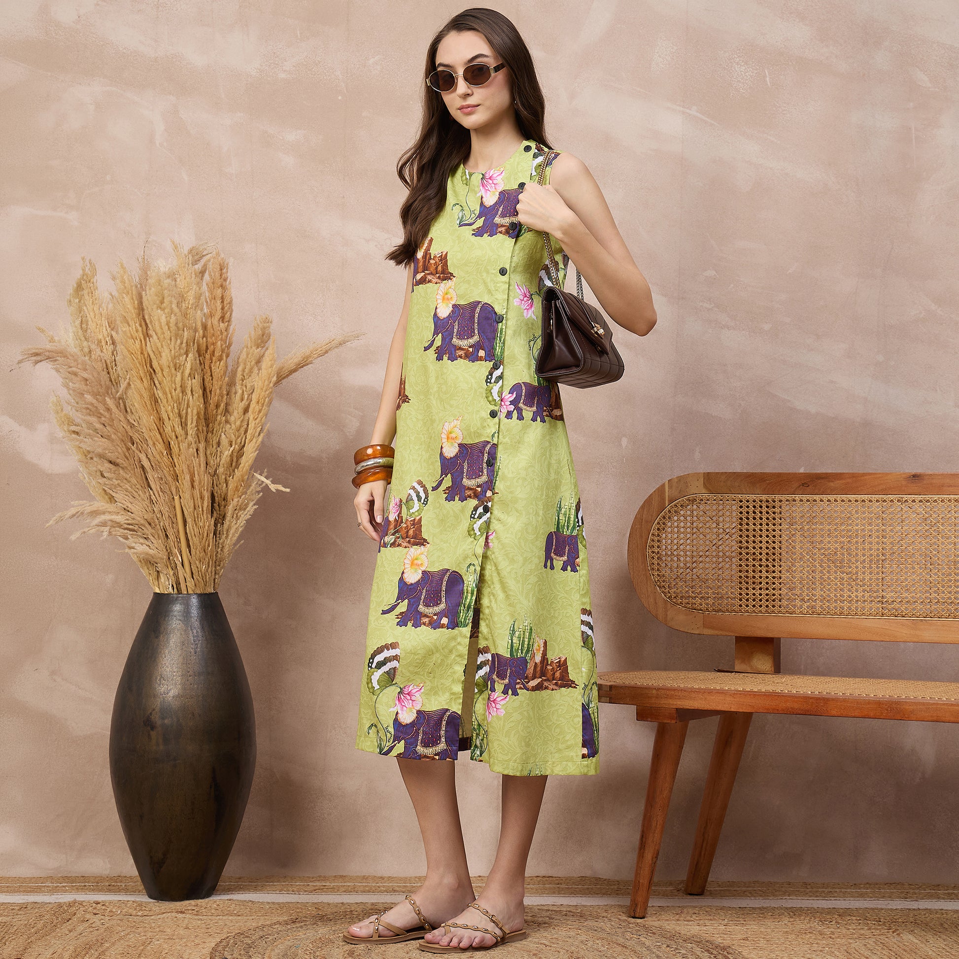 Lime Green Animal Print Dress for Women – Cotton Satin – Front View | First Resort by Ramola Bachchan
