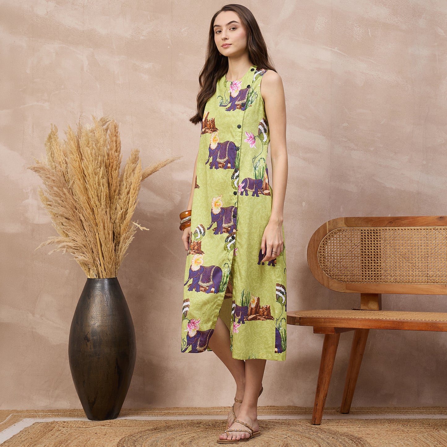 Lime Green Animal Print Dress for Women – Cotton Satin – Model View | First Resort by Ramola Bachchan