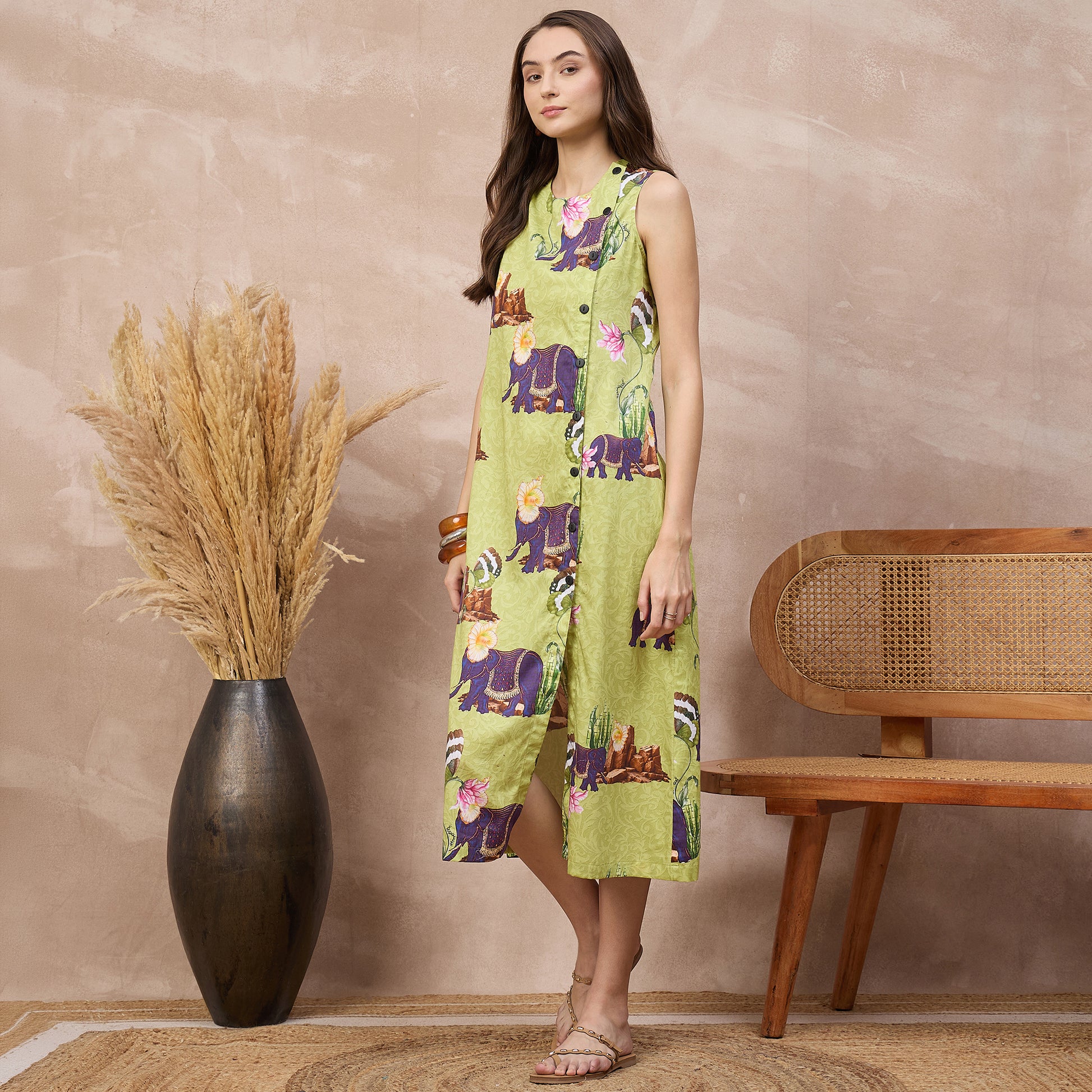 Lime Green Animal Print Dress for Women – Cotton Satin – Model View | First Resort by Ramola Bachchan