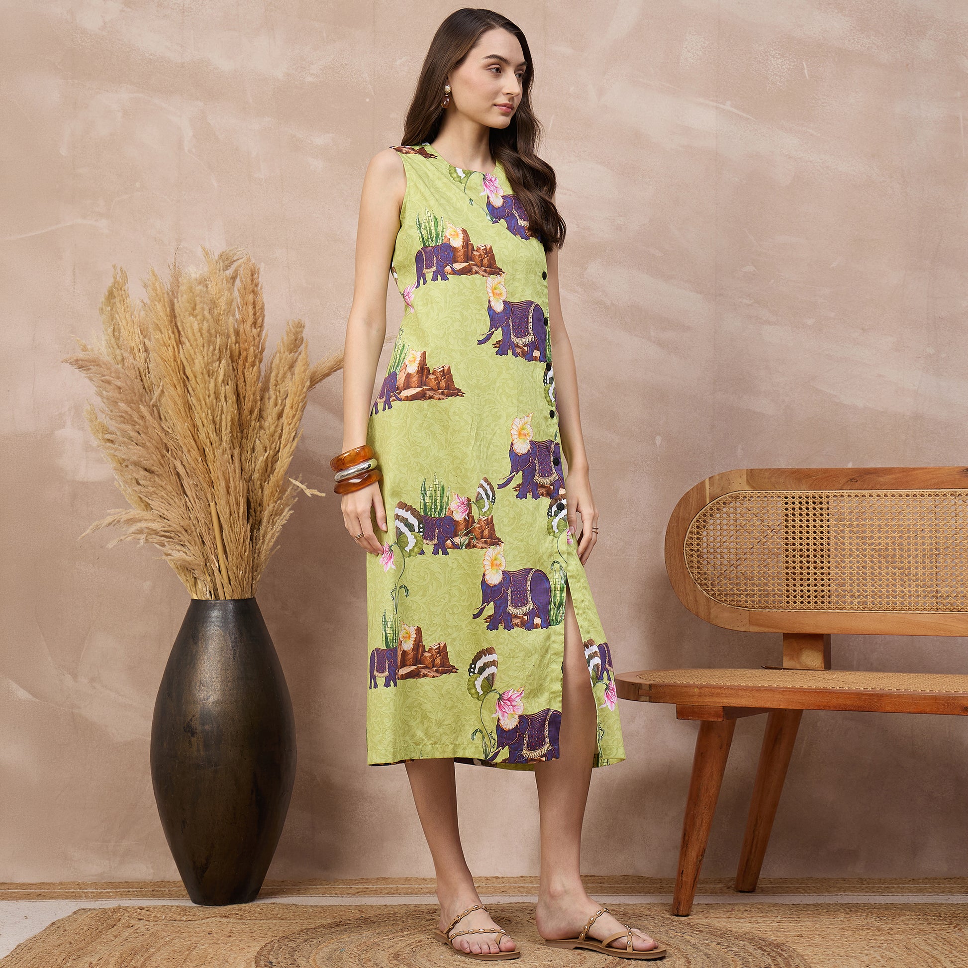 Lime Green Animal Print Dress for Women – Cotton Satin – Side View | First Resort by Ramola Bachchan