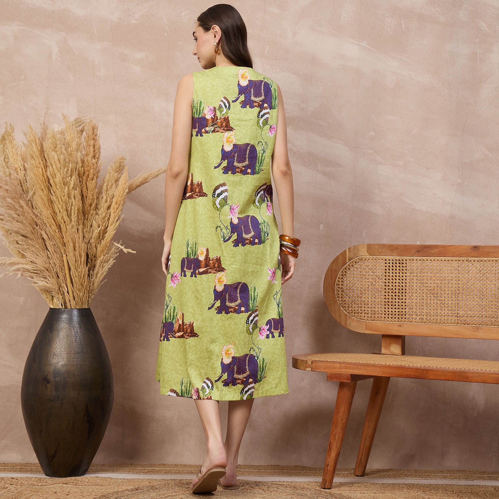 Lime Green Animal Print Dress for Women – Cotton Satin – Detail View | First Resort by Ramola Bachchan