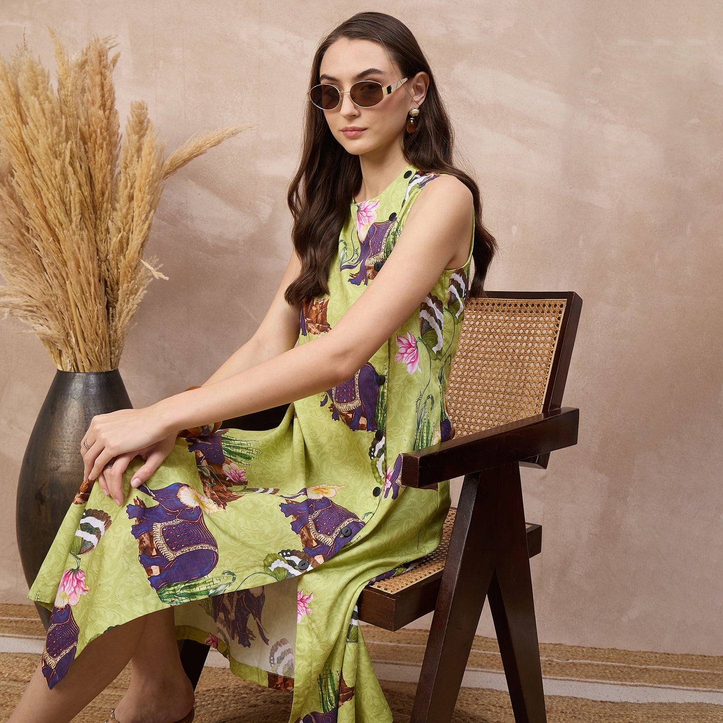Lime Green Animal Print Dress for Women – Cotton Satin – Close Up | First Resort by Ramola Bachchan