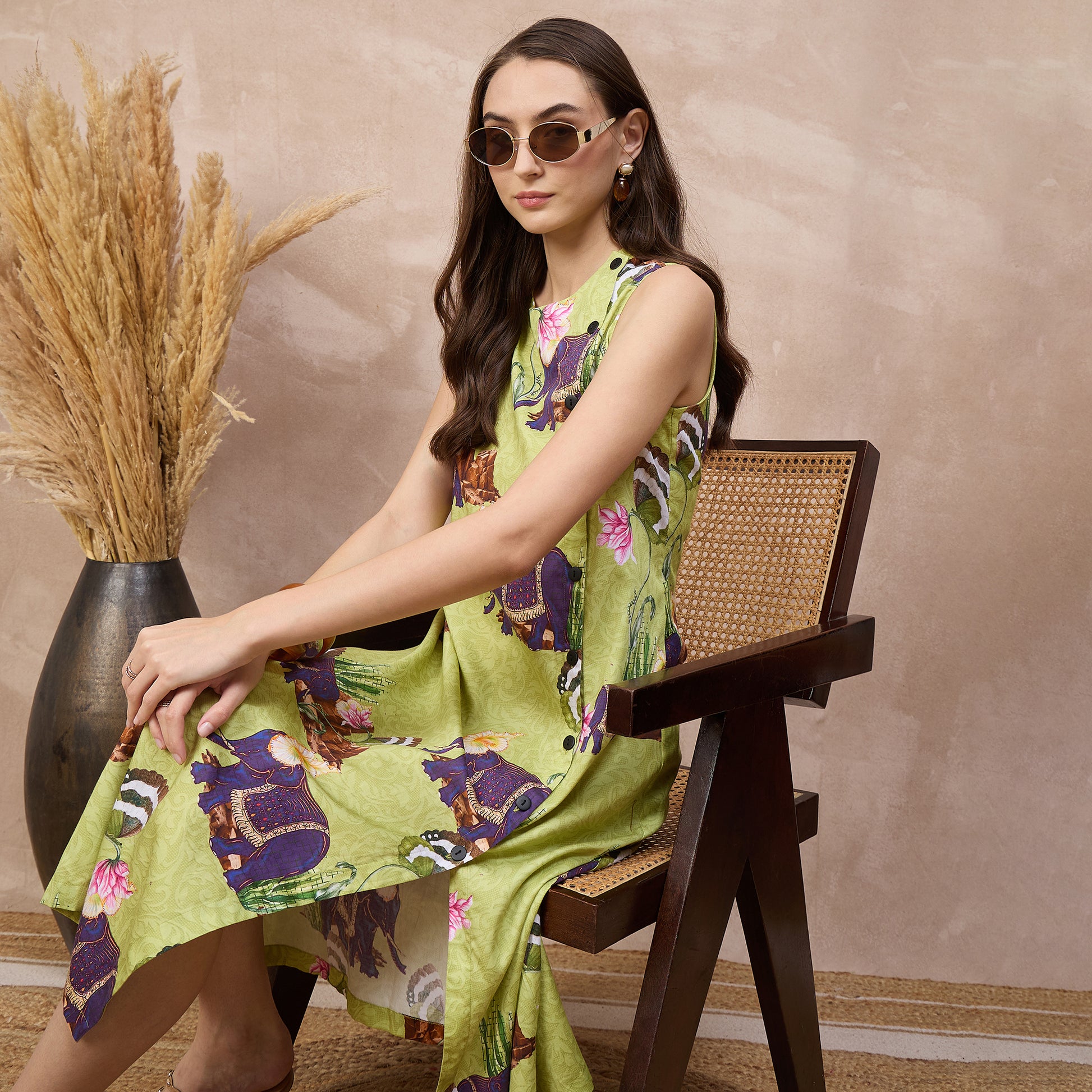 Lime Green Animal Print Dress for Women – Cotton Satin – Close Up | First Resort by Ramola Bachchan