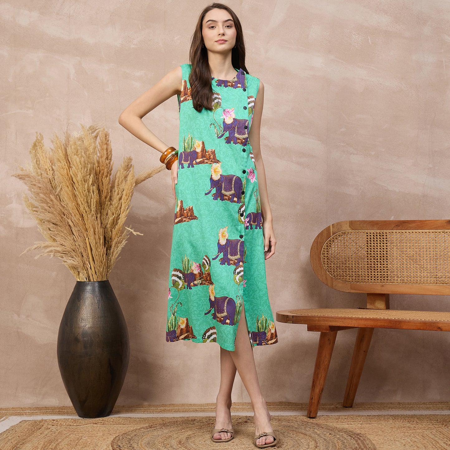 Sea Green Animal Print Dress for Women – Cotton Satin | First Resort by Ramola Bachchan