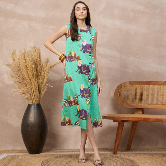 Sea Green Animal Print Dress for Women – Cotton Satin | First Resort by Ramola Bachchan