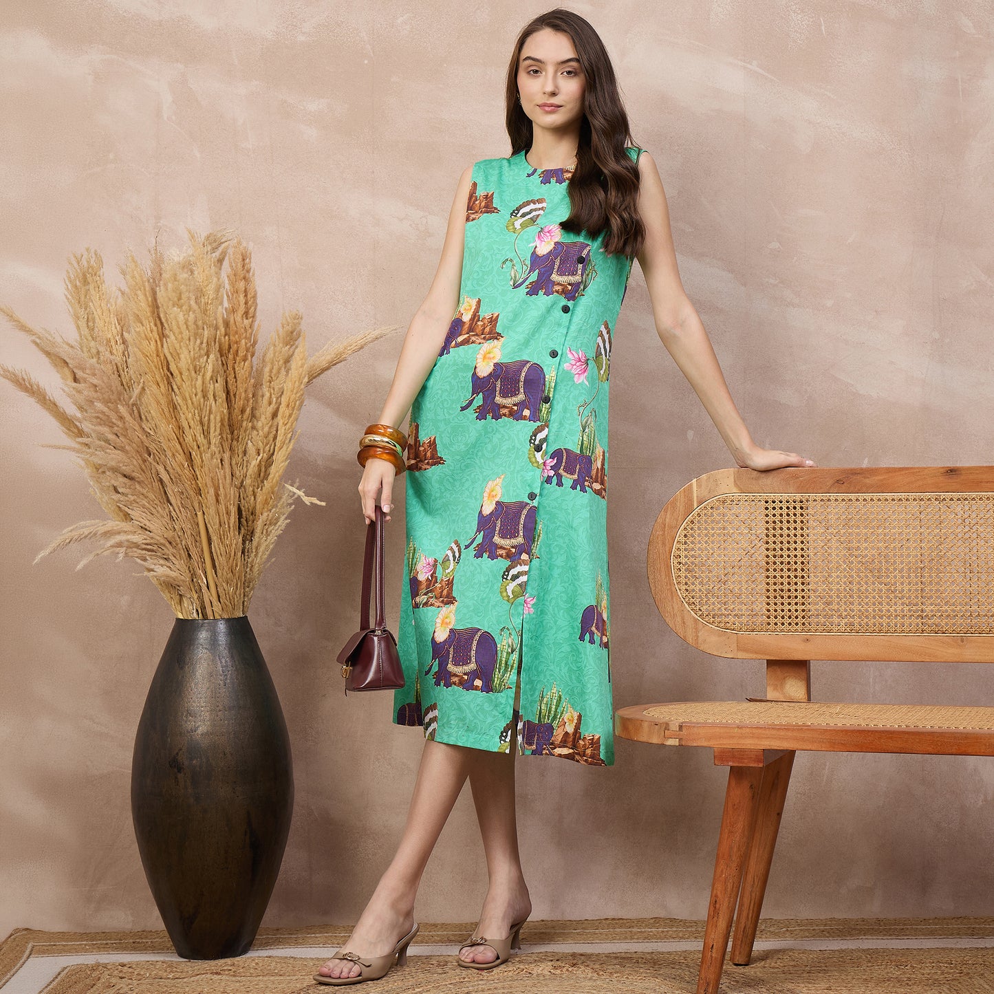 Sea Green Animal Print Dress for Women – Cotton Satin – Front View | First Resort by Ramola Bachchan