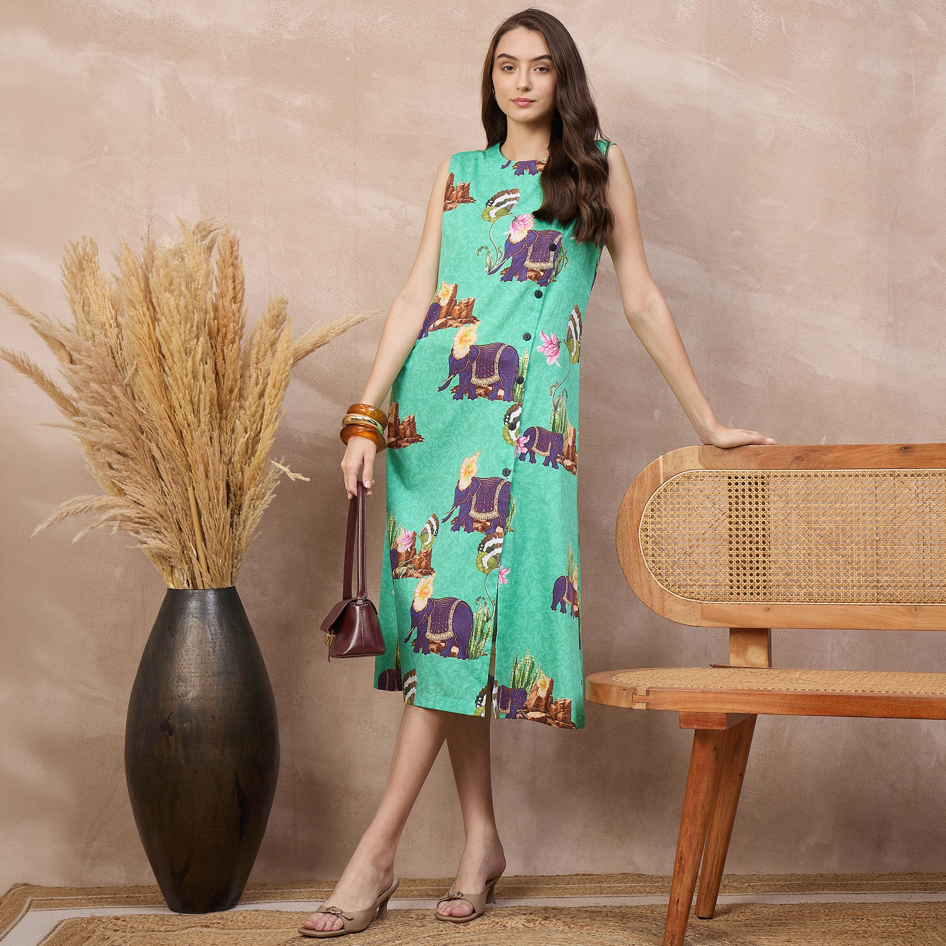 Sea Green Animal Print Dress for Women – Cotton Satin – Front View | First Resort by Ramola Bachchan