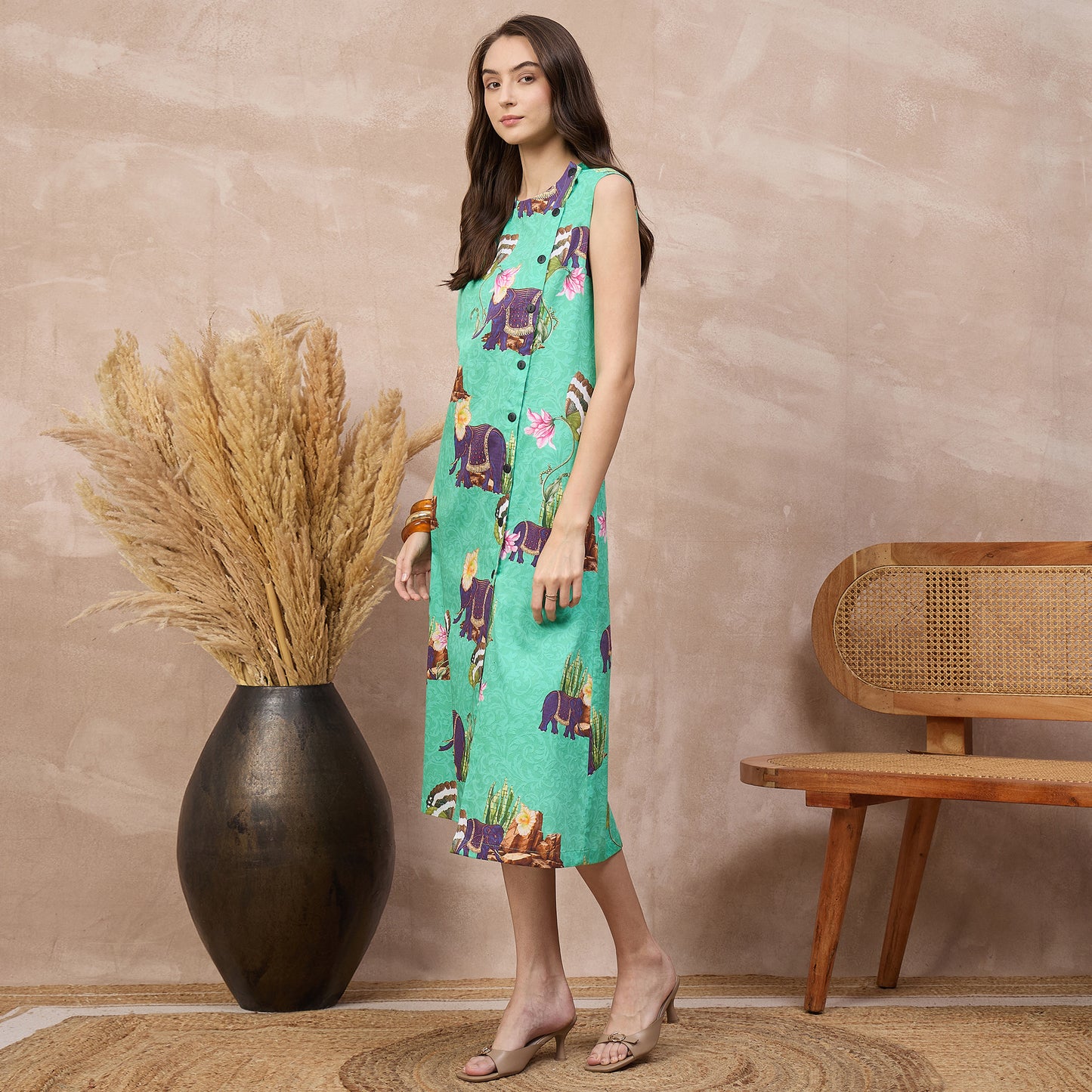 Sea Green Animal Print Dress for Women – Cotton Satin – Model View | First Resort by Ramola Bachchan