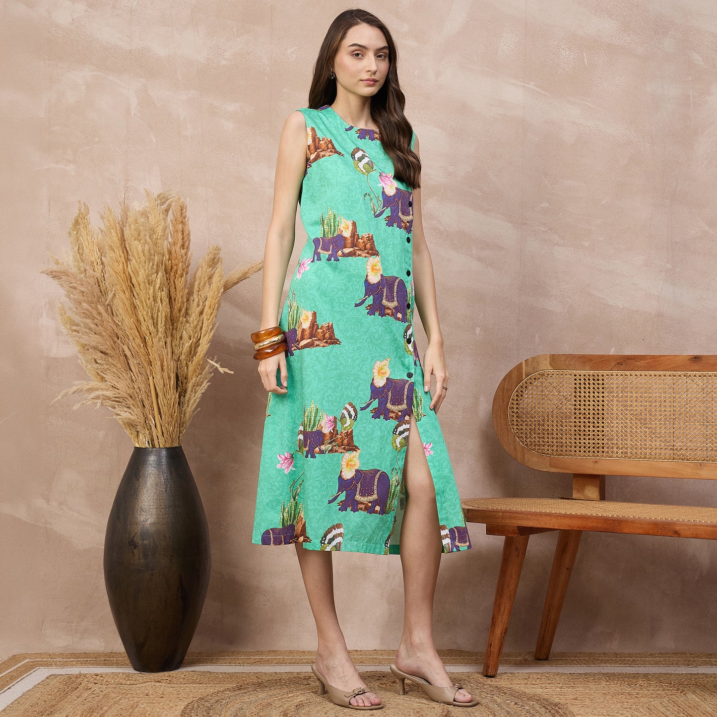 Sea Green Animal Print Dress for Women – Cotton Satin – Side View | First Resort by Ramola Bachchan