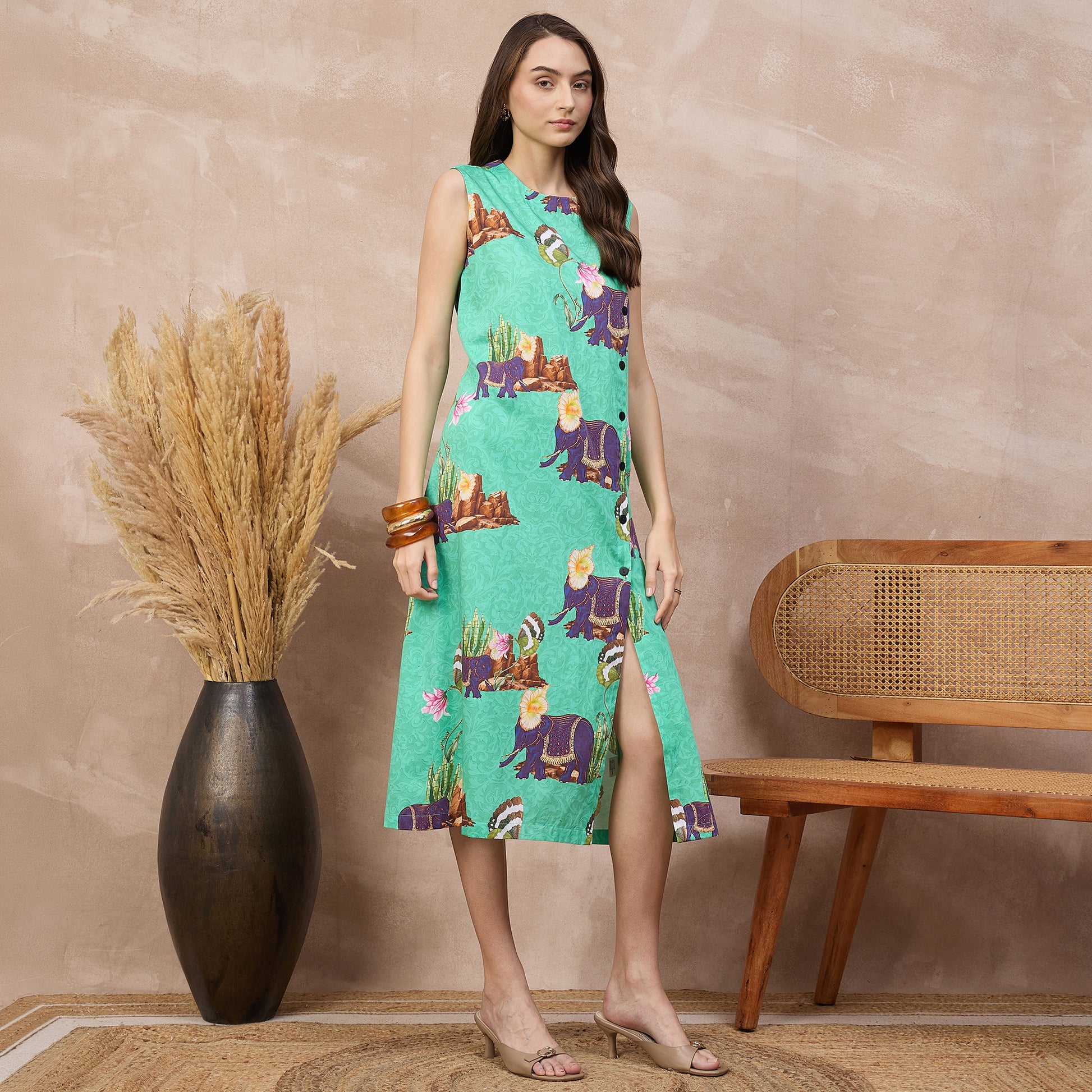 Sea Green Animal Print Dress for Women – Cotton Satin – Side View | First Resort by Ramola Bachchan